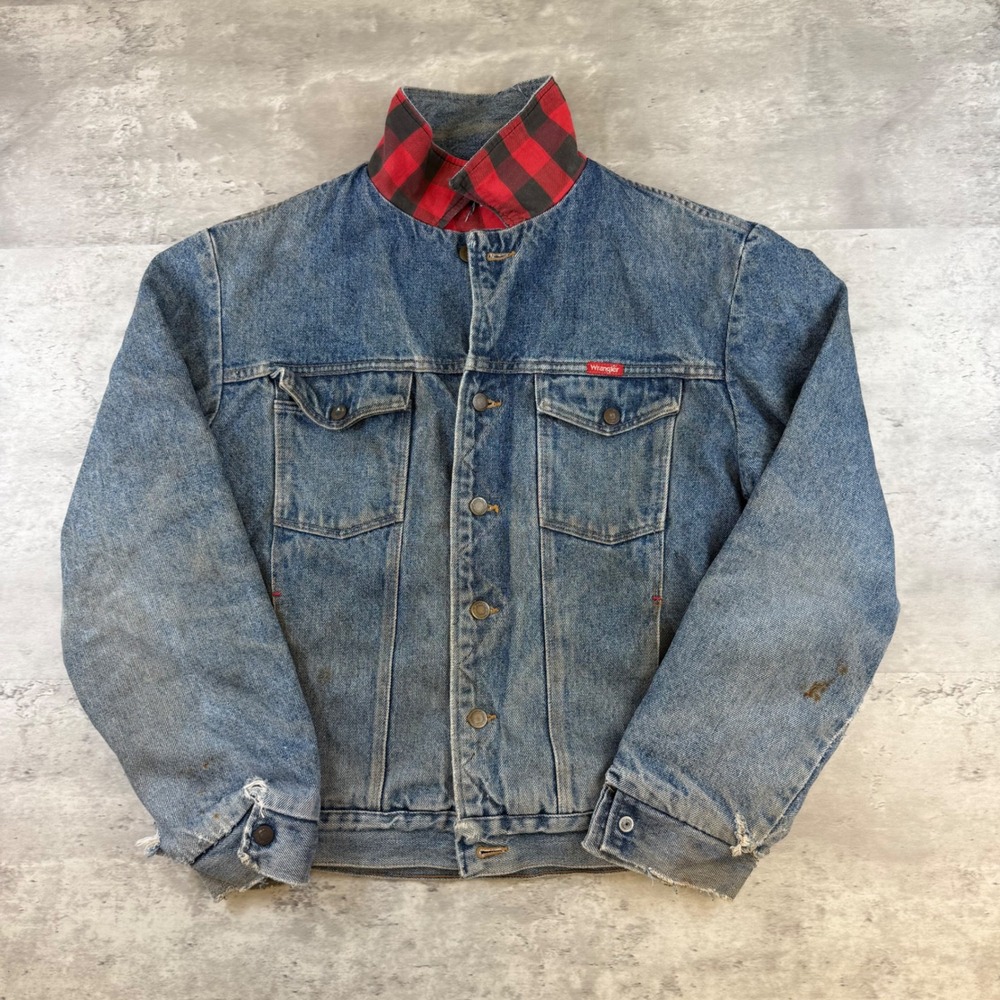 Vintage Wrangler Flannel Lined Denim Trucker Jacket Plaid Distressed